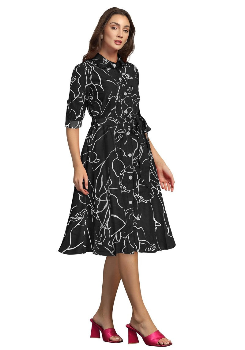 Chic Black A-Line Midi Dress with Vibrant Prints