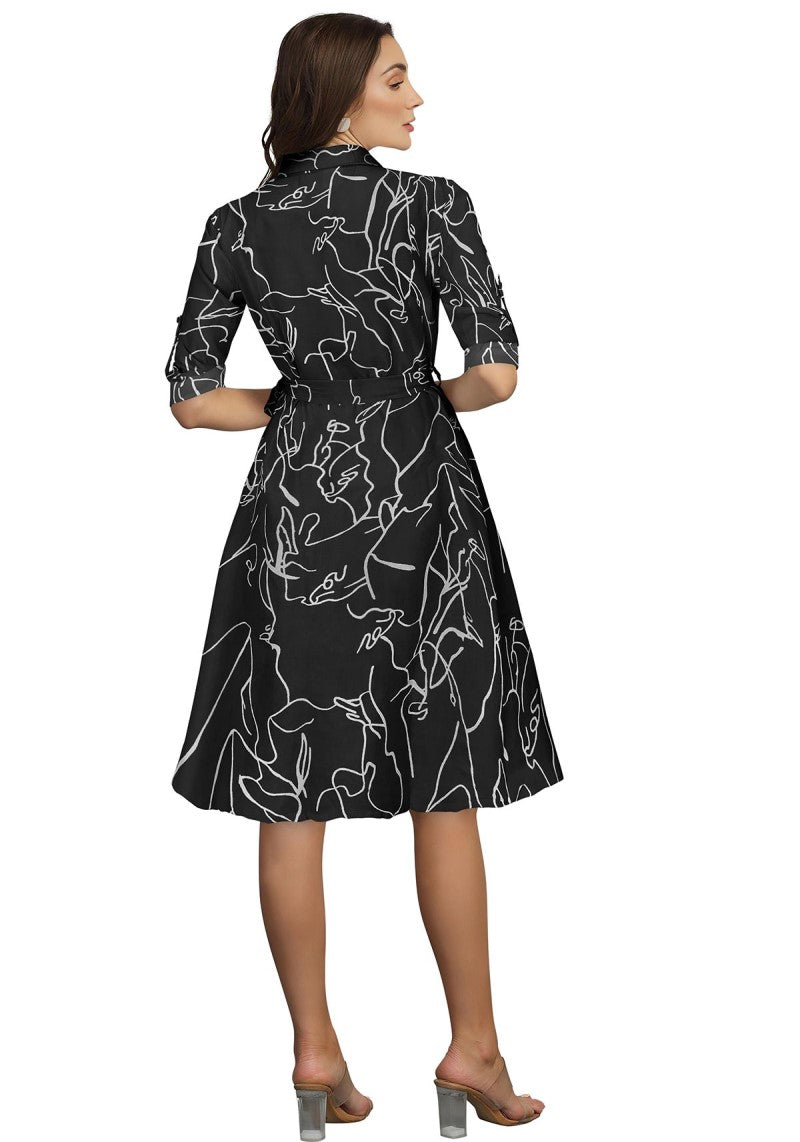 Chic Black A-Line Midi Dress with Vibrant Prints