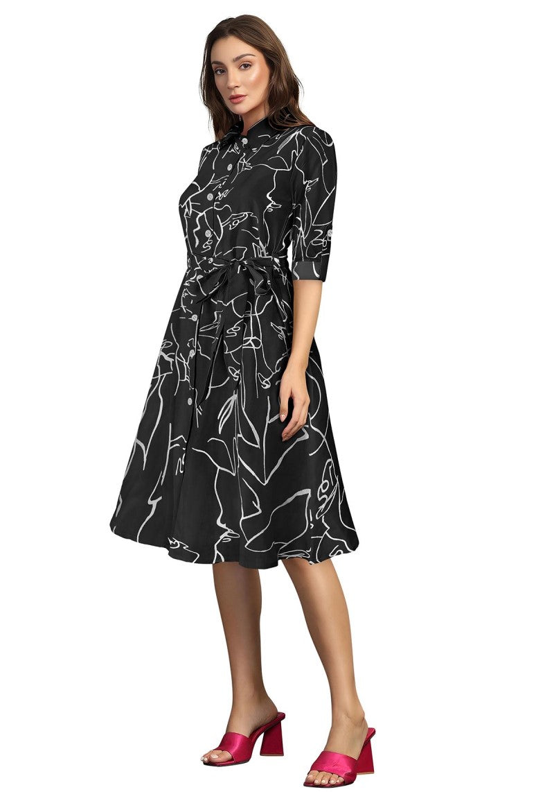 Chic Black A-Line Midi Dress with Vibrant Prints