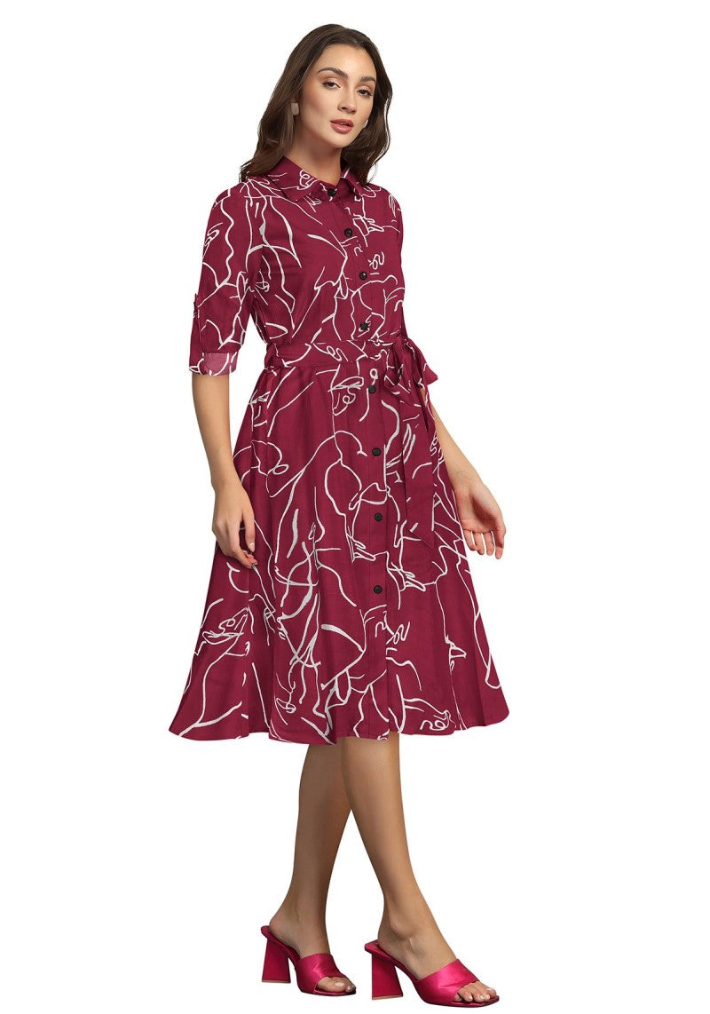 Maroon A Line Printed Midi Dress – Western Style Elegance