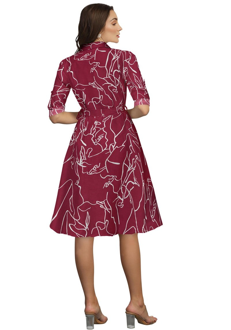 Maroon A Line Printed Midi Dress – Western Style Elegance