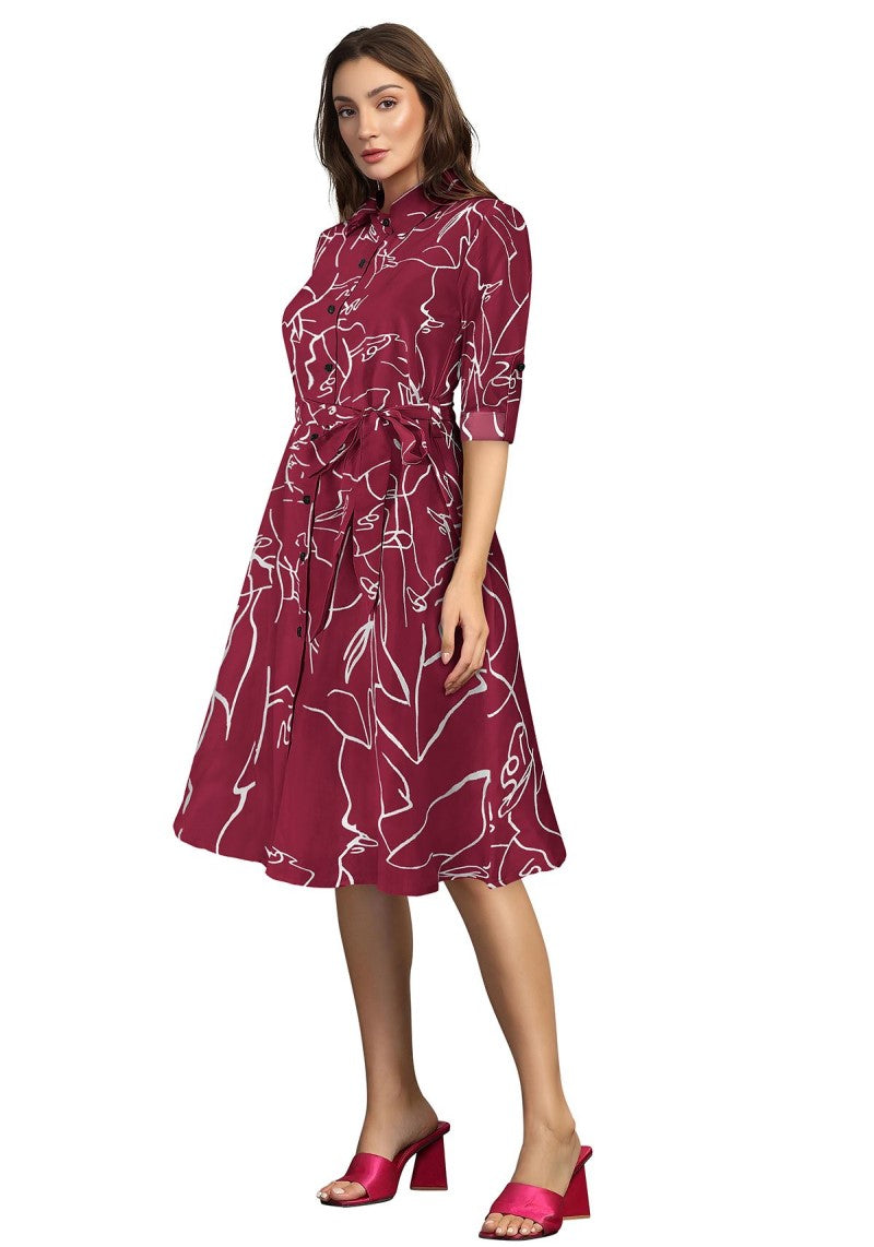 Maroon A Line Printed Midi Dress – Western Style Elegance