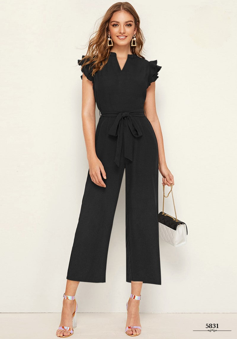 Stylish Black Pleated Cap Sleeve Solid Jumpsuit