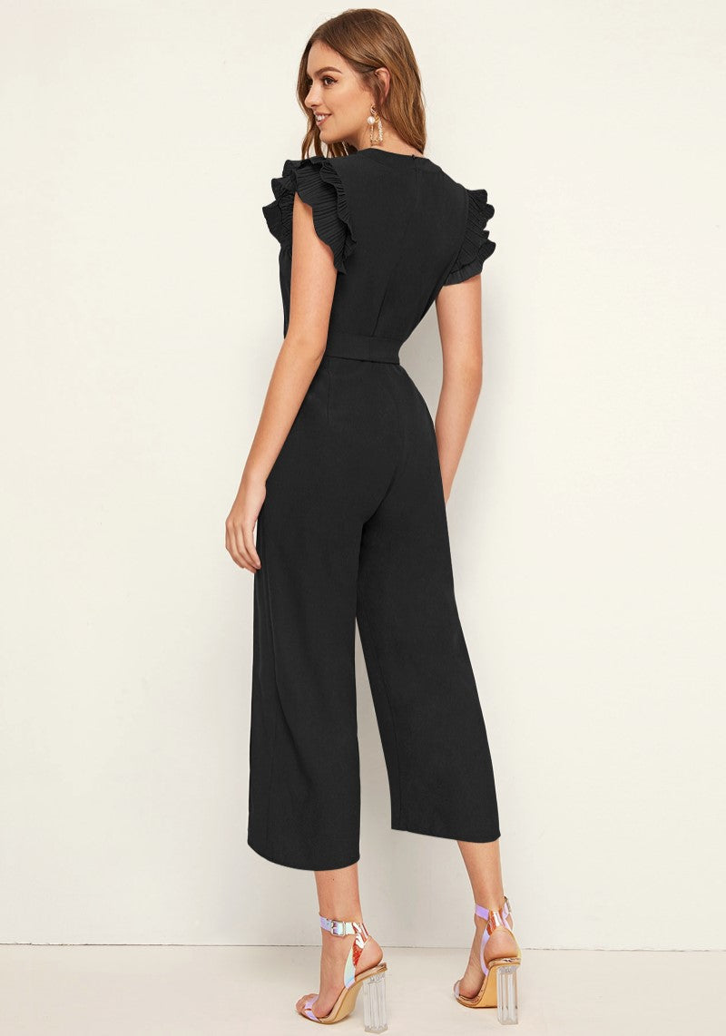 Stylish Black Pleated Cap Sleeve Solid Jumpsuit