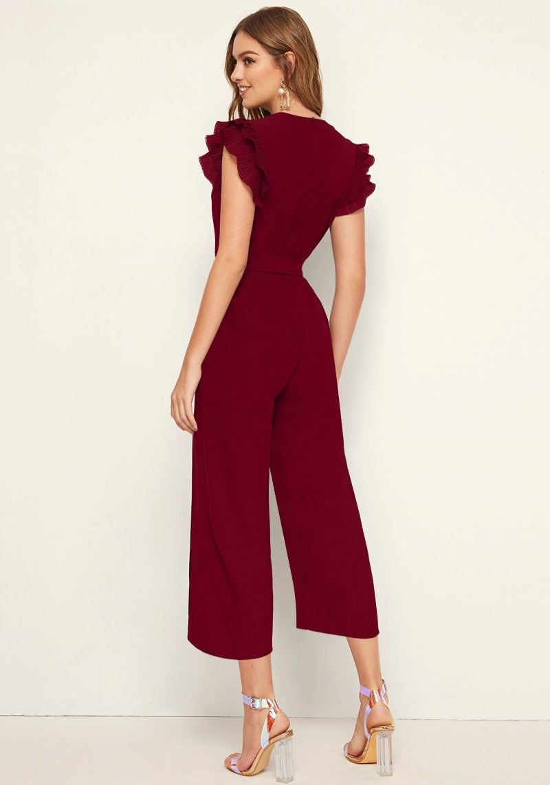 Stylish Maroon Pleated Cap Sleeve Solid Jumpsuit