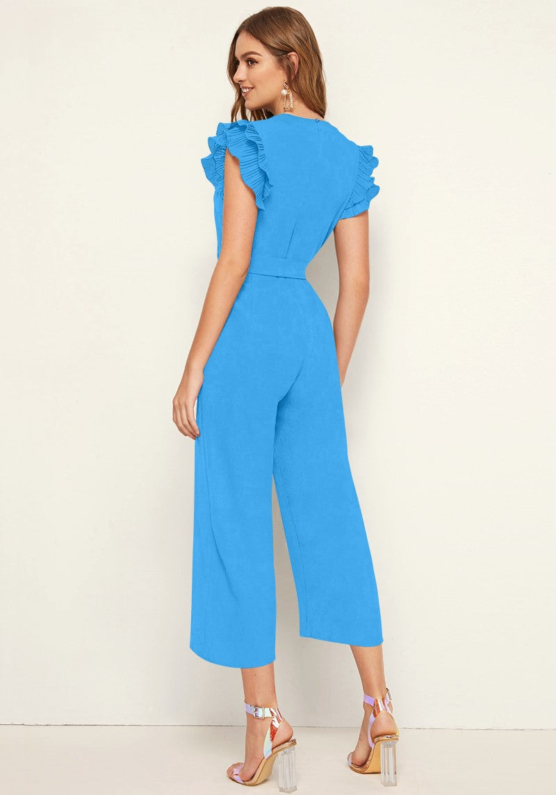 Captivating Blue Pleated Cap Sleeve Solid Jumpsuit