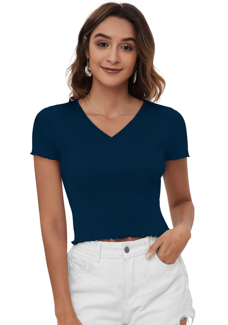 Trendy Blue Ribbed Crop Top