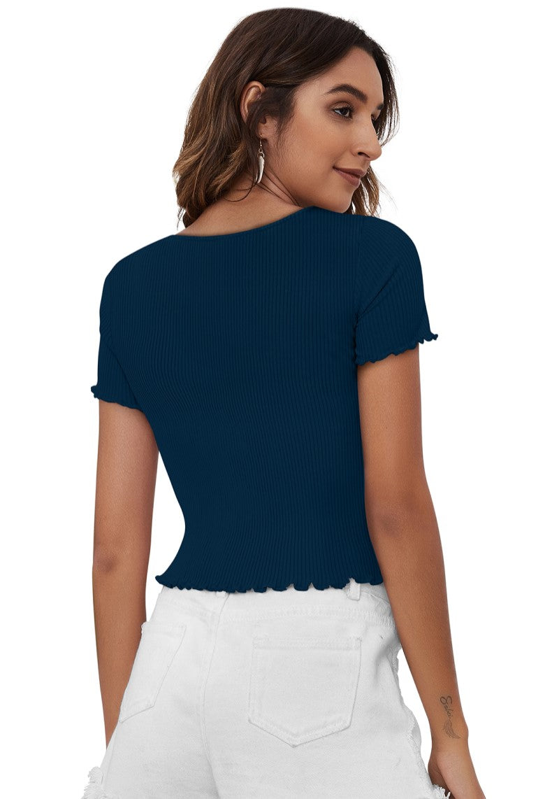 Trendy Blue Ribbed Crop Top