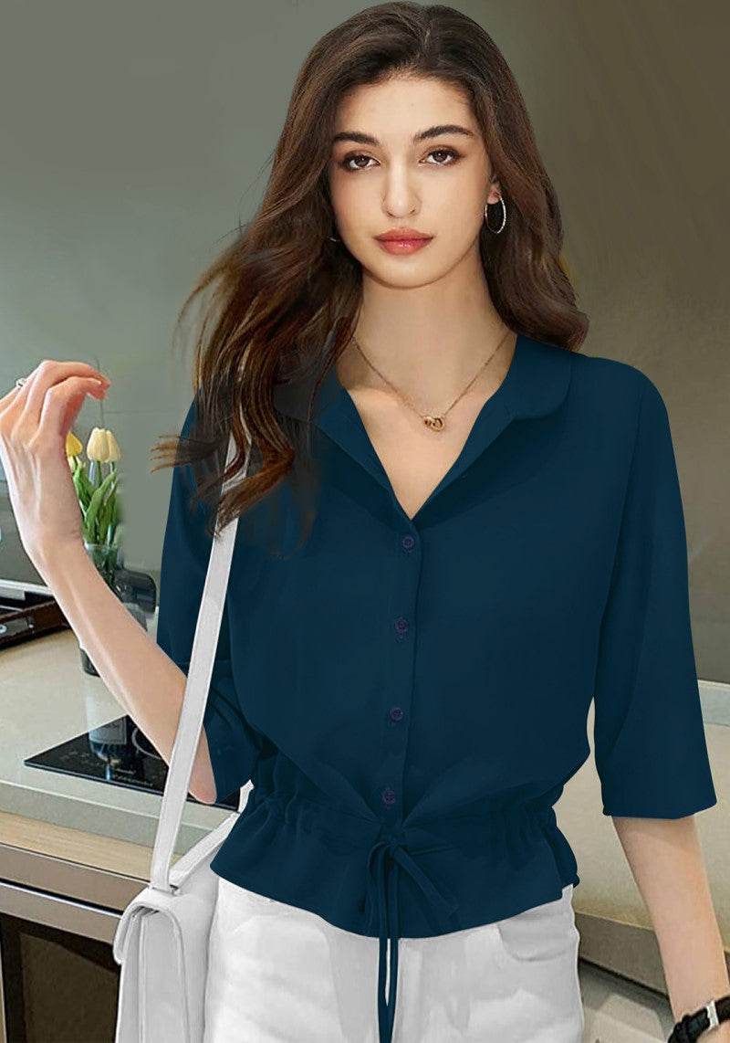 Chic Vista Solid Shirt Top with Drawstring Waist