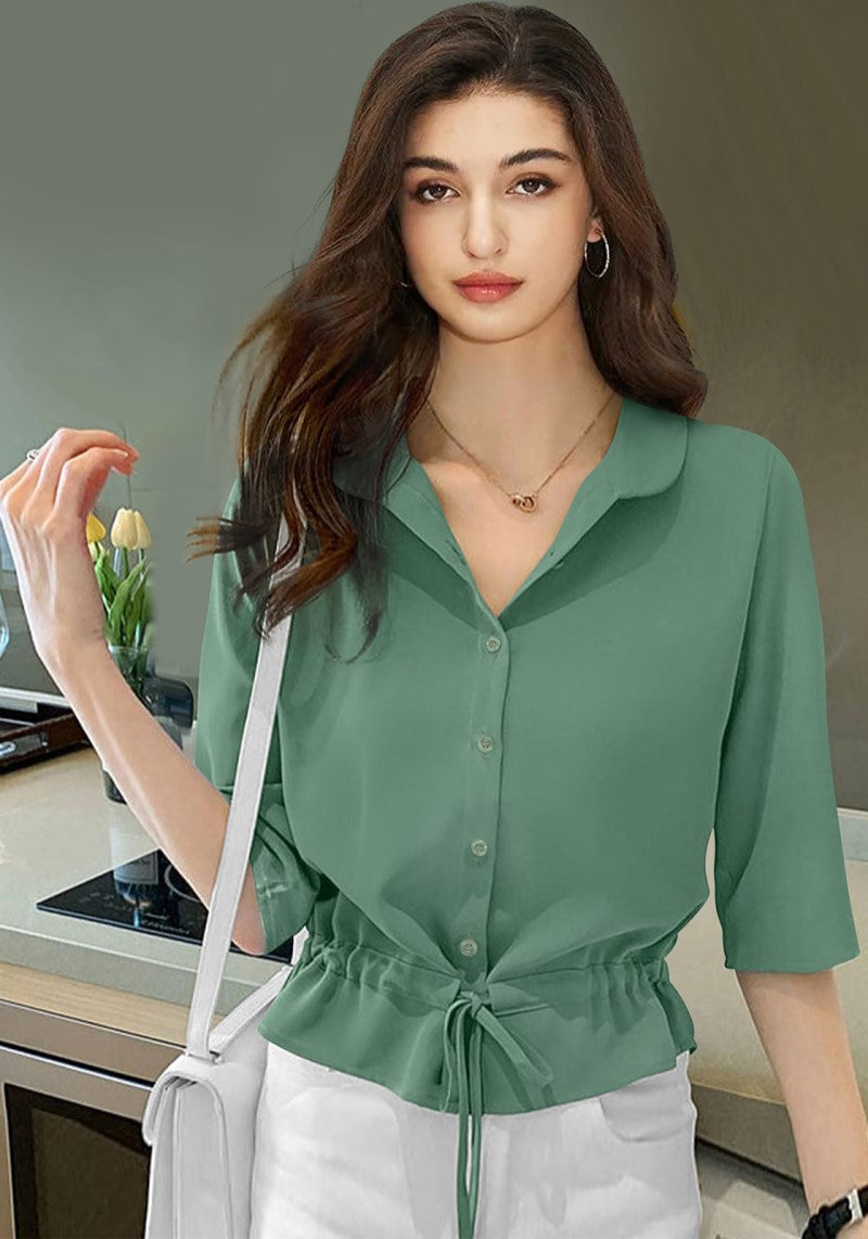 Chic Vista Solid Shirt Top with Drawstring Waist