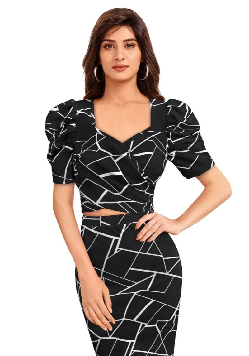 Black Geometric Printed Puff Sleeves Top and Skirt Set