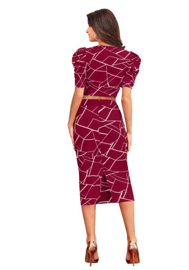 Maroon Geometric Print Puff Sleeves Top and Skirt Set