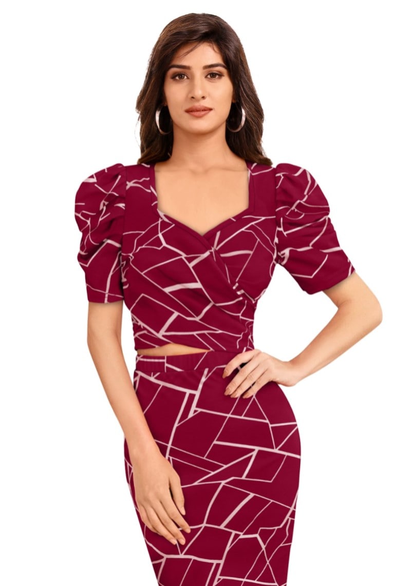 Maroon Geometric Print Puff Sleeves Top and Skirt Set