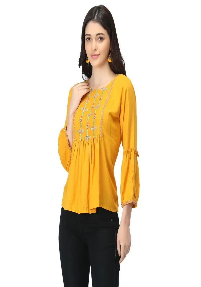 Vibrant Yellow  Embroidered Full Sleeves Top