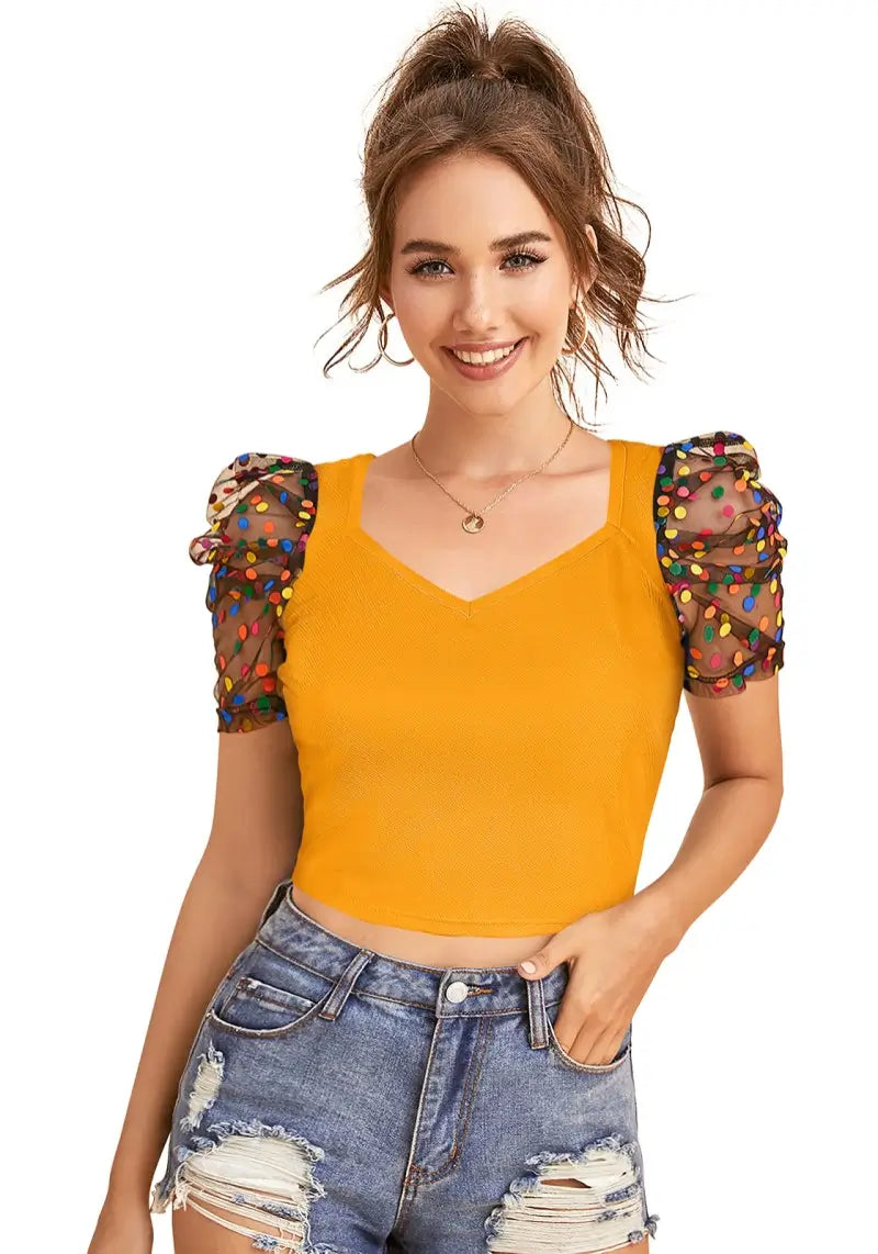 Awesome Yellow Polka-Dot Print Net Sleeves Top