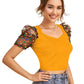 Awesome Yellow Polka-Dot Print Net Sleeves Top