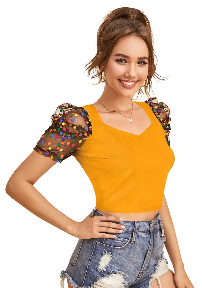 Awesome Yellow Polka-Dot Print Net Sleeves Top