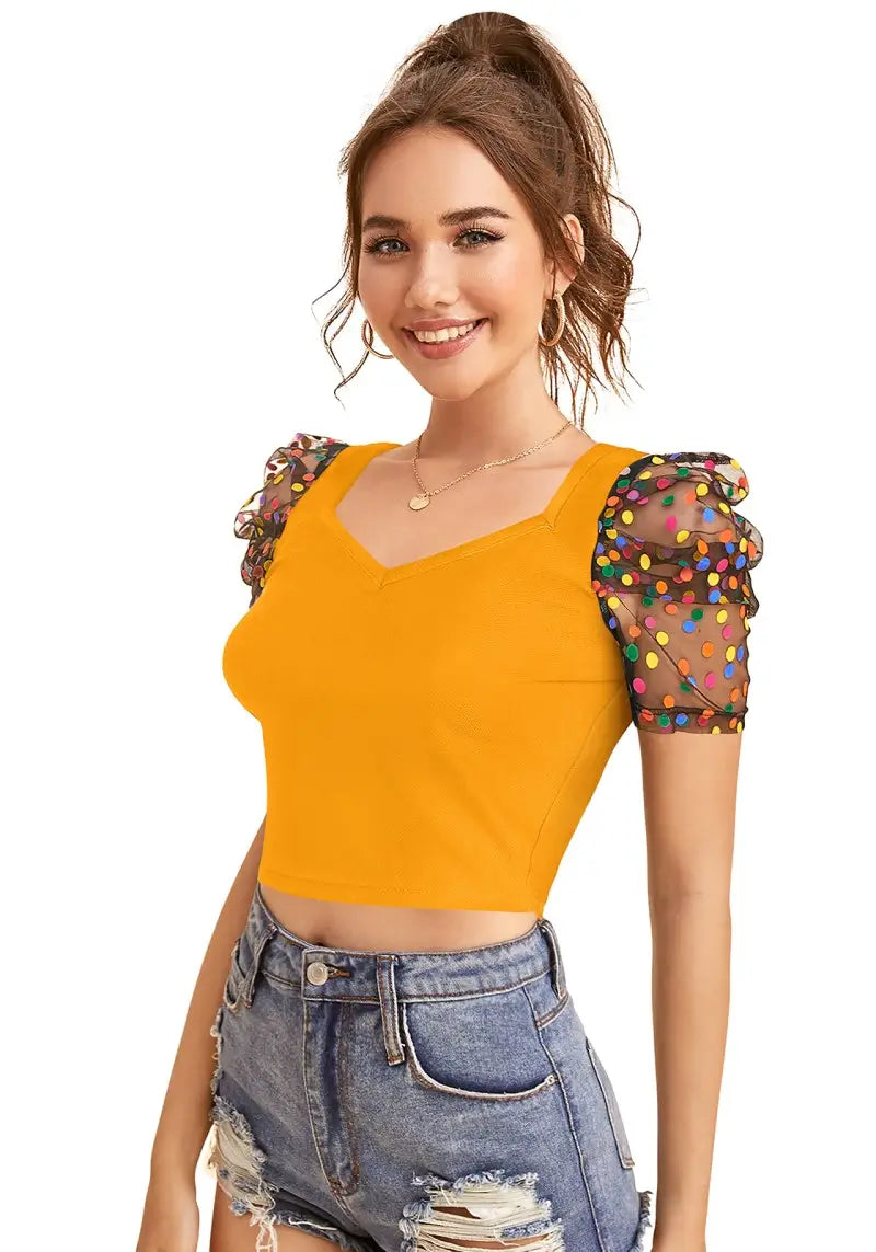 Awesome Yellow Polka-Dot Print Net Sleeves Top