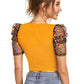 Awesome Yellow Polka-Dot Print Net Sleeves Top