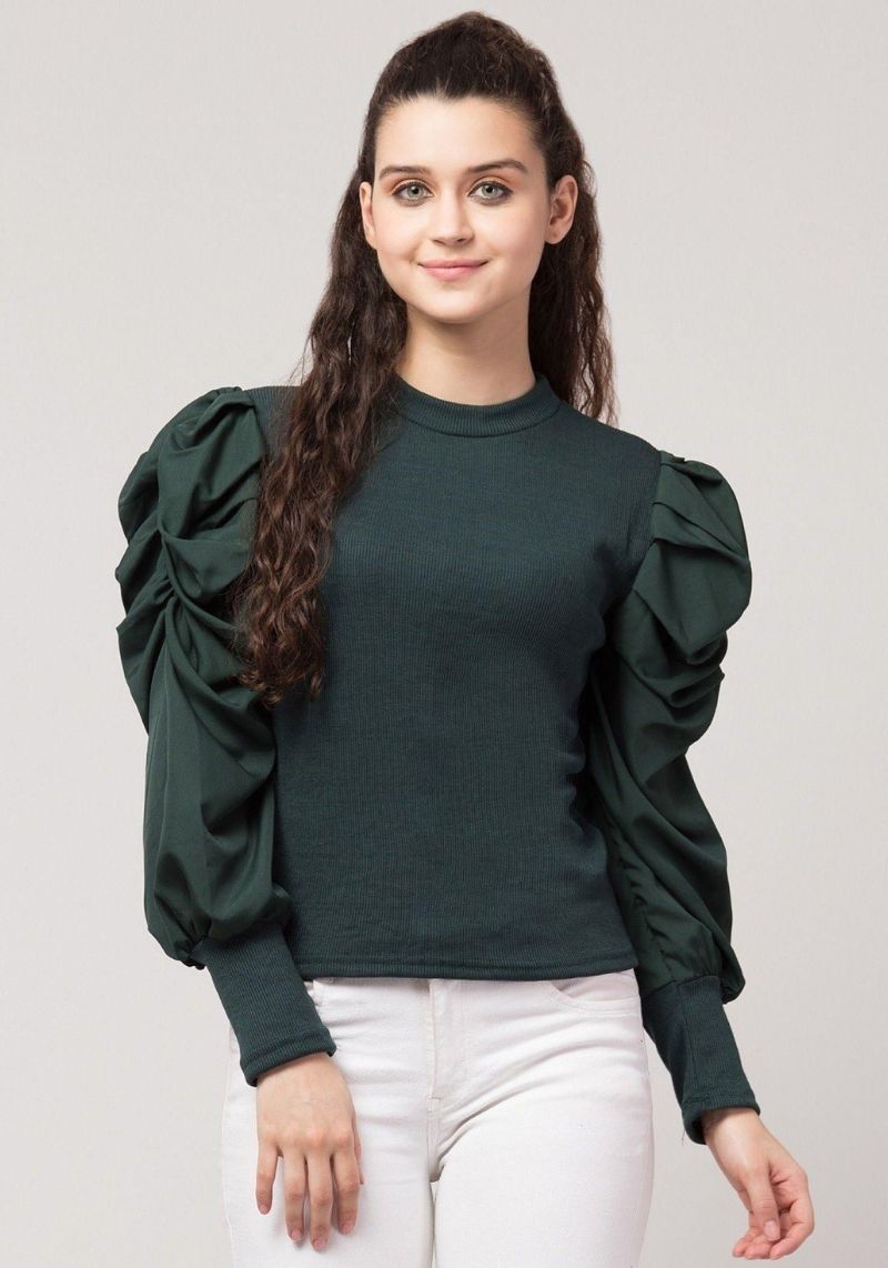 Teal Green Cotton Frill Sleeves Top