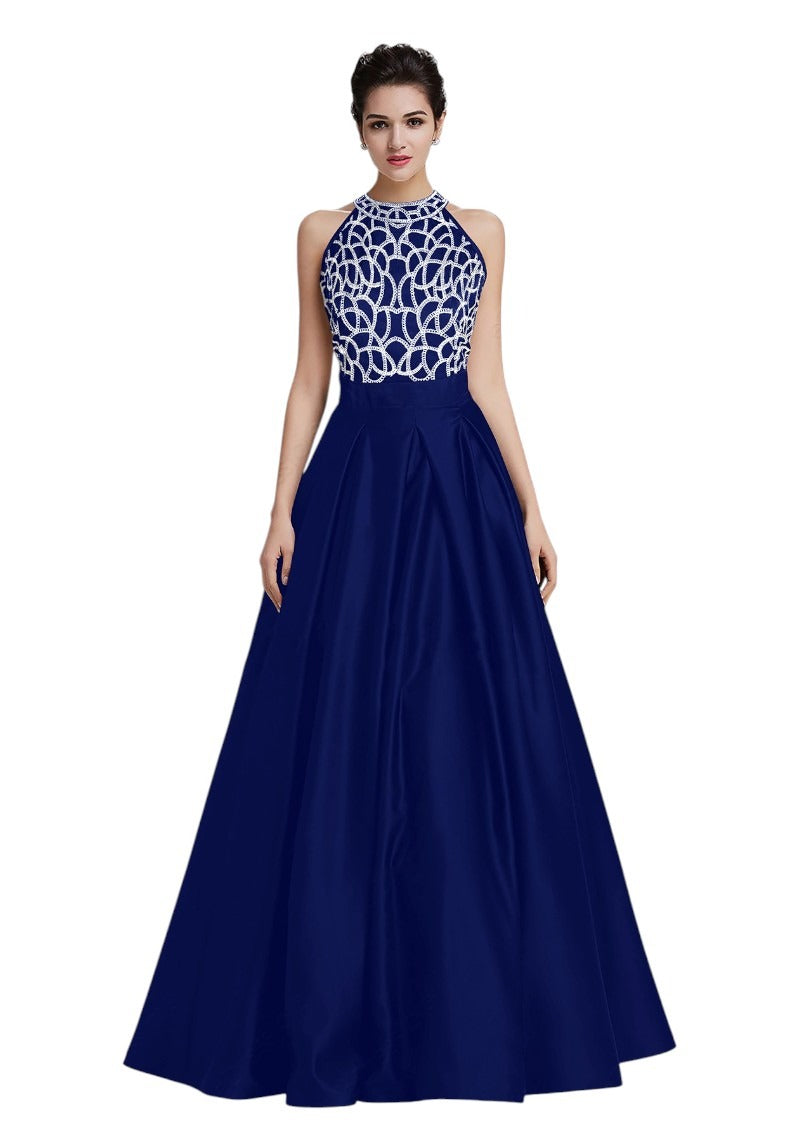 Designer Halter Neck Embroidered Banglori Silk Gown