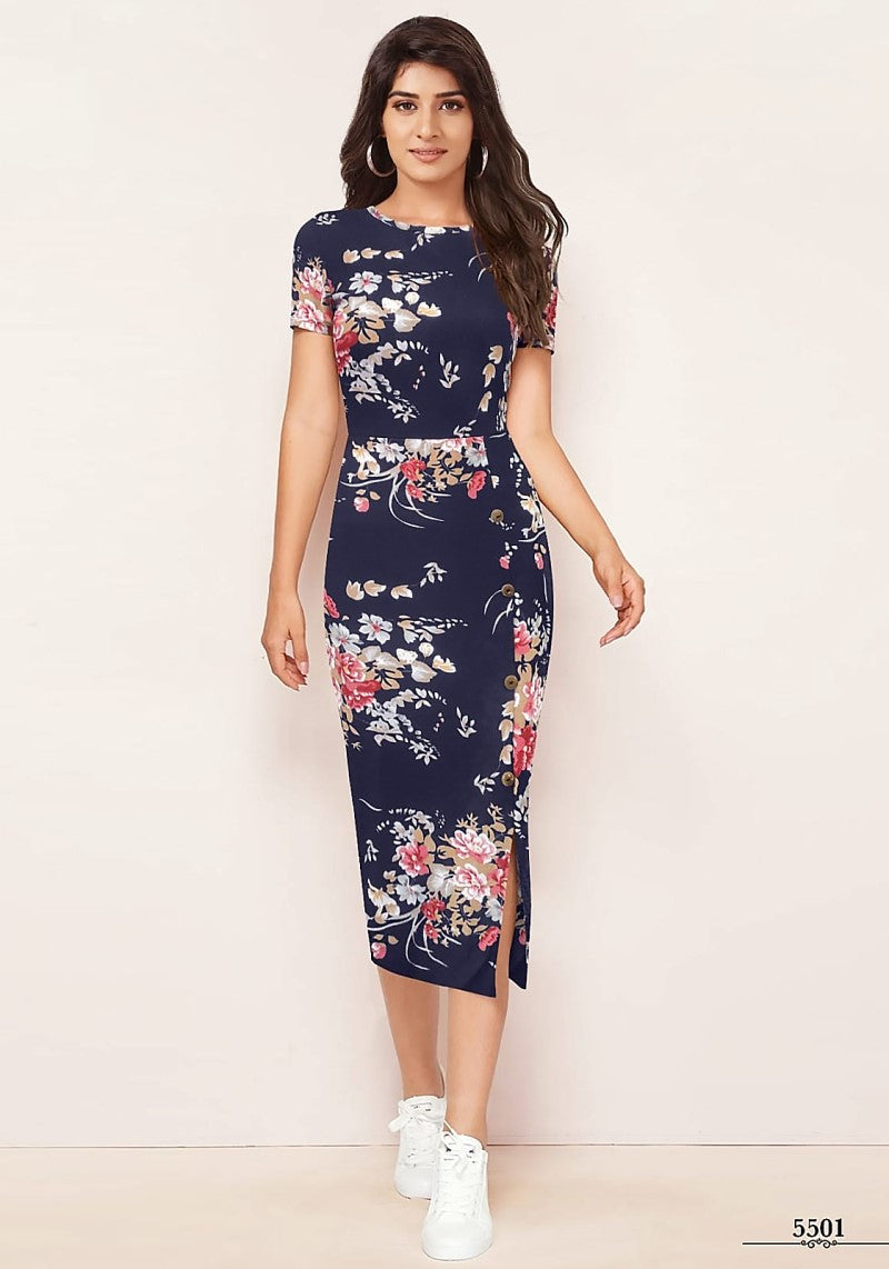 Front view of the model wearing Enticing Blue Floral Printed Side-Slit Bodycon Dress with short sleeves and a round neckline.