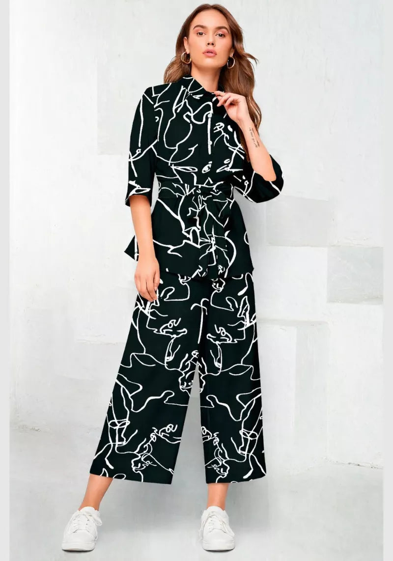 Monochrome Abstract Print Shirt & Culotte Co-Ord Set