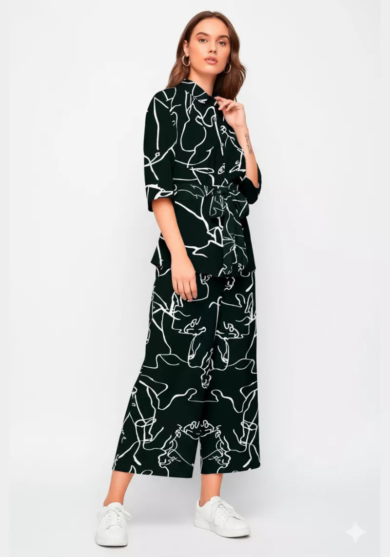 Monochrome Abstract Print Shirt & Culotte Co-Ord Set