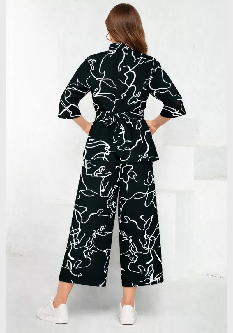 Monochrome Abstract Print Shirt & Culotte Co-Ord Set