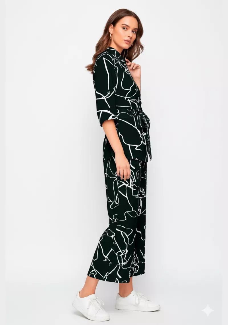 Monochrome Abstract Print Shirt & Culotte Co-Ord Set