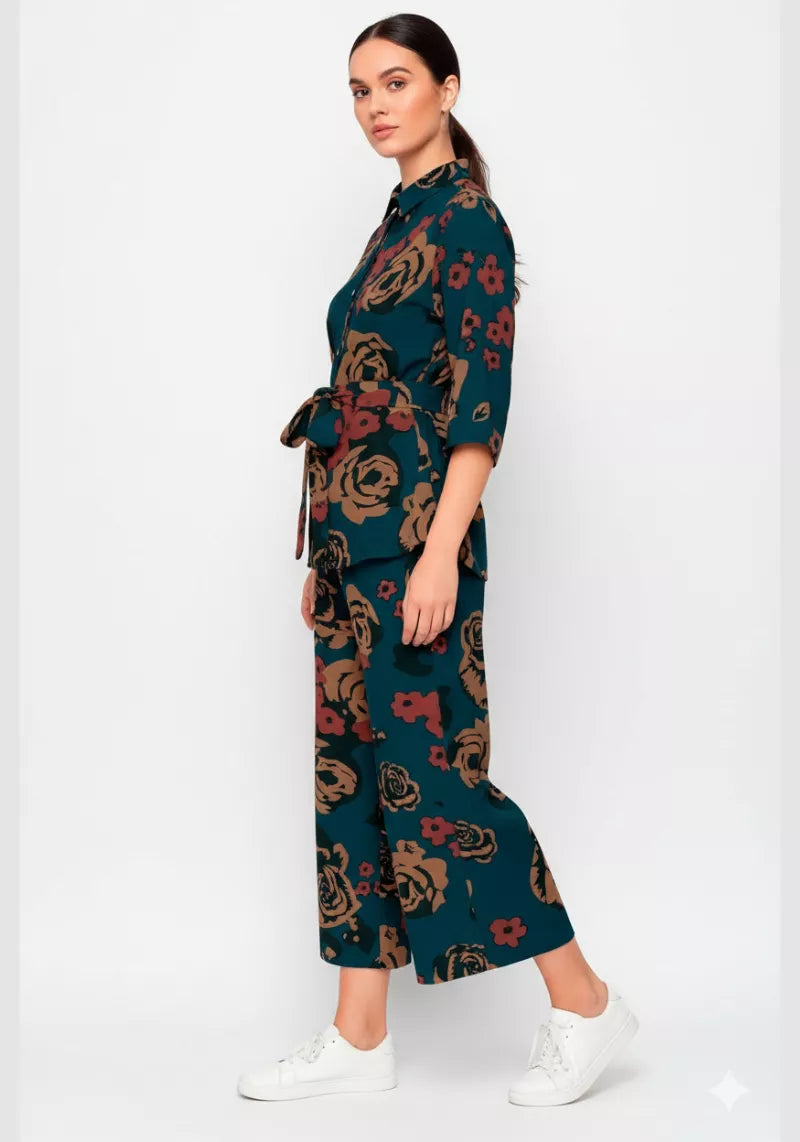 Floral Muse teal printed shirt with wide-leg culotte co-ord set – left side view