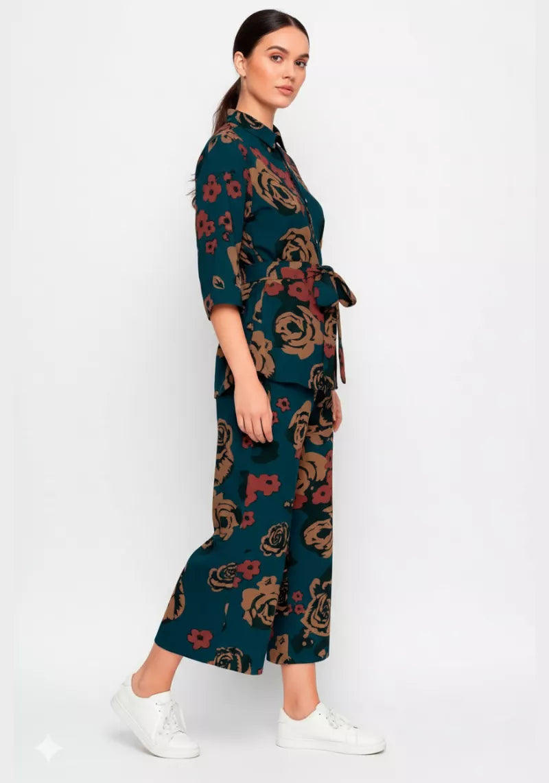 Floral Muse teal printed shirt with wide-leg culotte co-ord set – side view