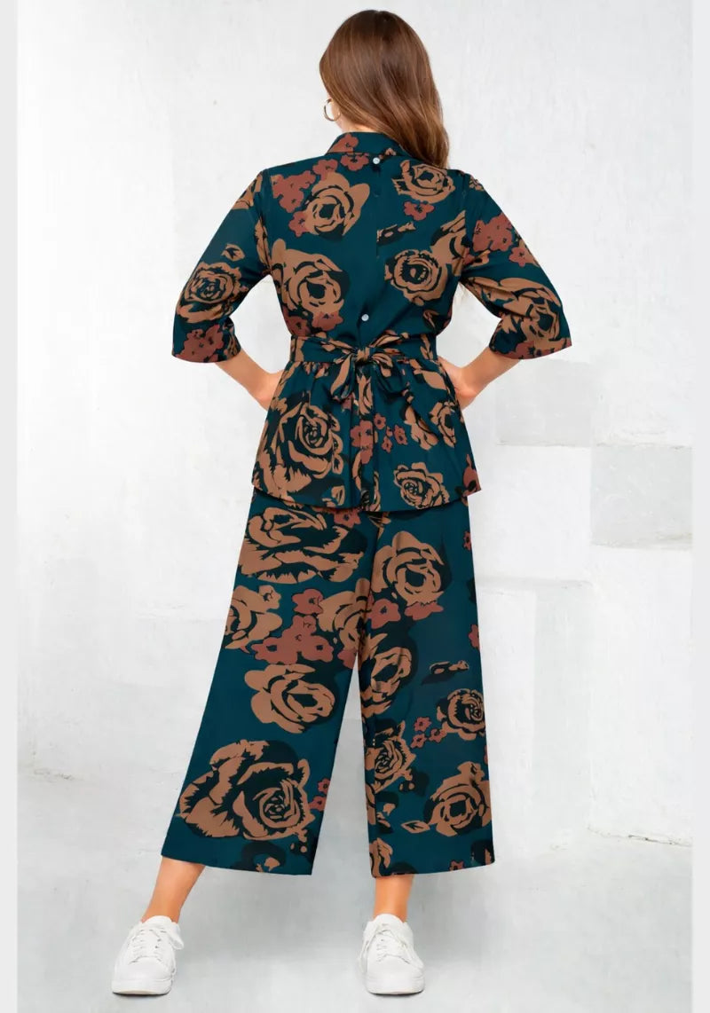 Floral Muse teal floral printed shirt and culotte co-ord set – back view