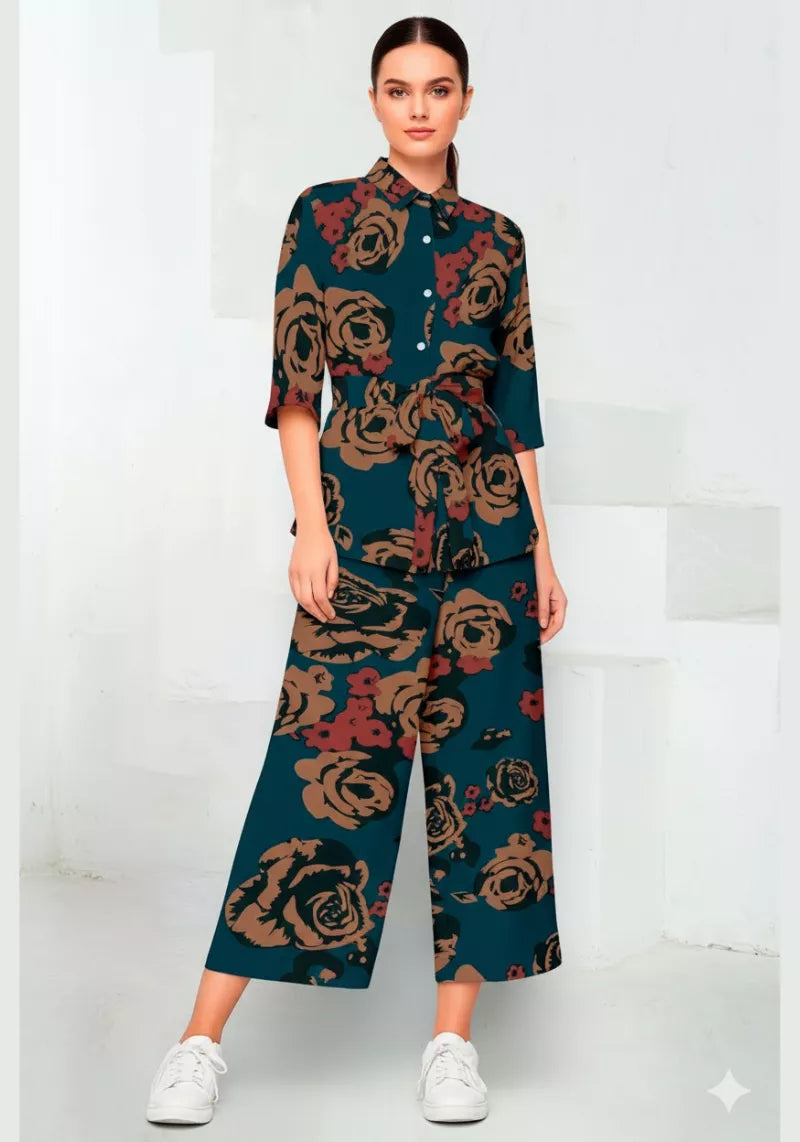 Model wearing Floral Muse teal printed shirt and culotte co-ord set – full front view