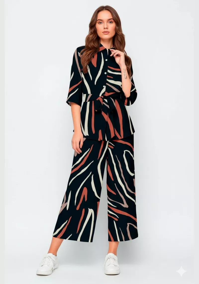 Graphic Brushstroke Abstract Print Shirt & Culotte Co-Ord Set
