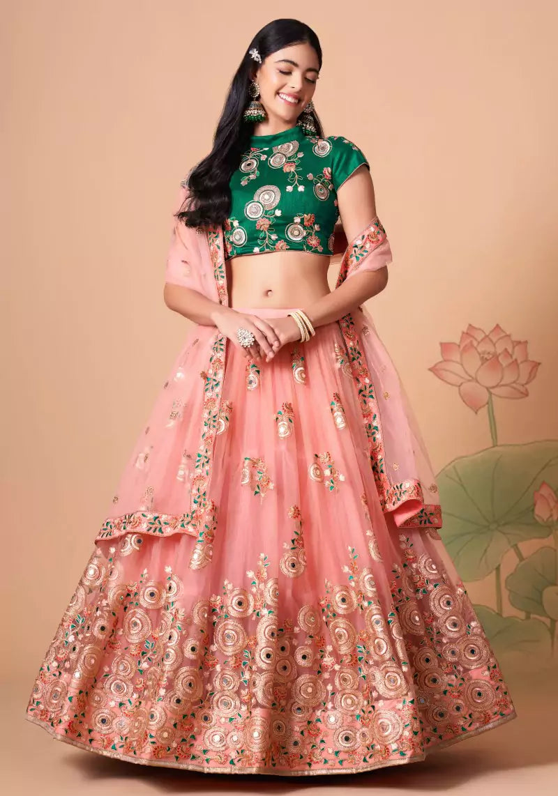 Peach Embroidered Mirror Work Lehenga with Contrast Choli