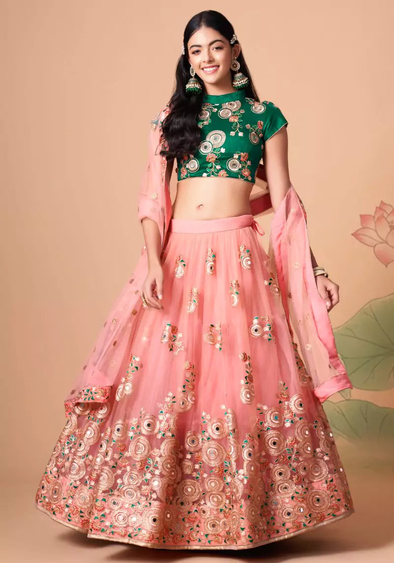 Peach Embroidered Mirror Work Lehenga with Contrast Choli