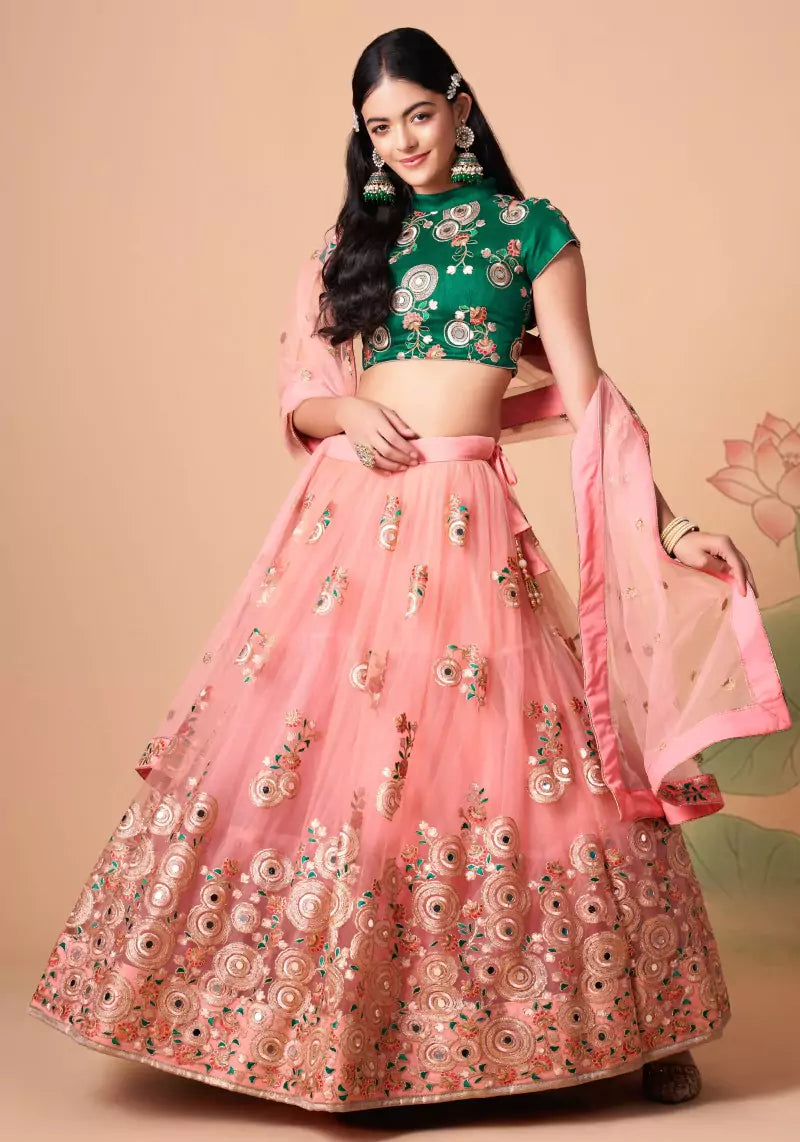 Peach Embroidered Mirror Work Lehenga with Contrast Choli