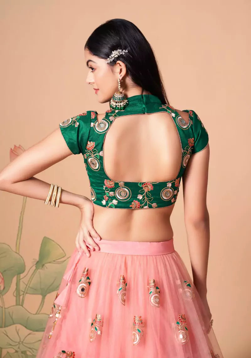 Peach Embroidered Mirror Work Lehenga with Contrast Choli