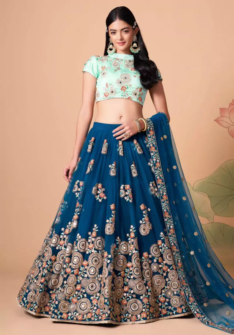 Elegant Dove Blue Mirror Work Embroidered Lehenga Set