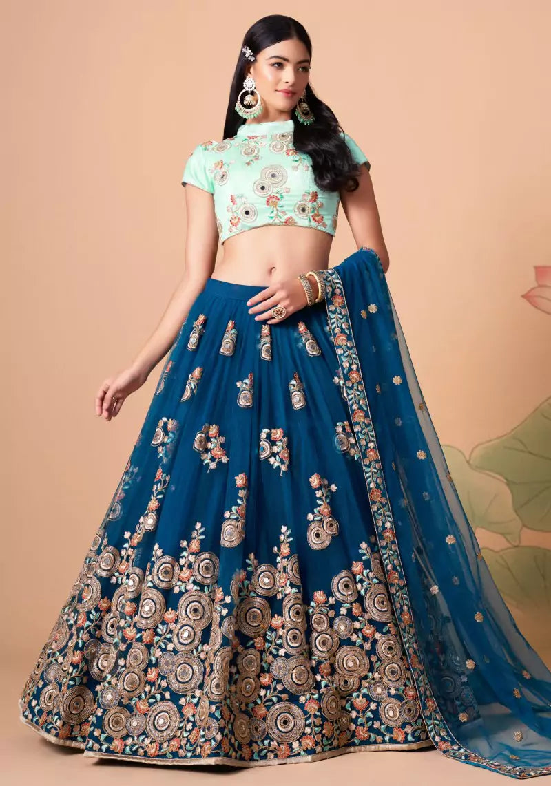 Elegant Dove Blue Mirror Work Embroidered Lehenga Set