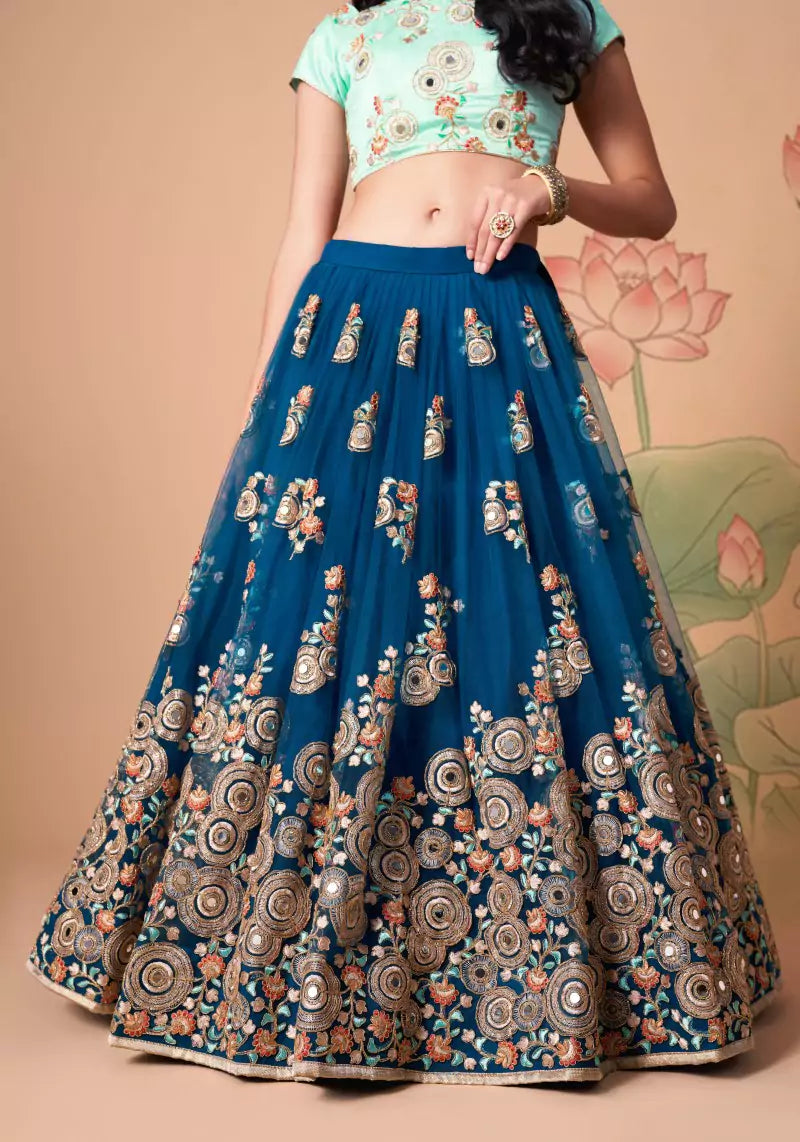 Elegant Dove Blue Mirror Work Embroidered Lehenga Set