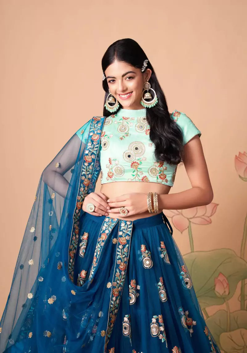 Elegant Dove Blue Mirror Work Embroidered Lehenga Set