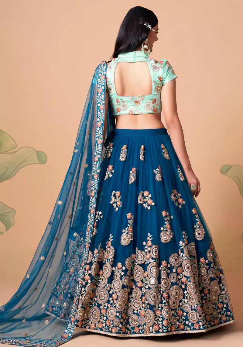 Elegant Dove Blue Mirror Work Embroidered Lehenga Set