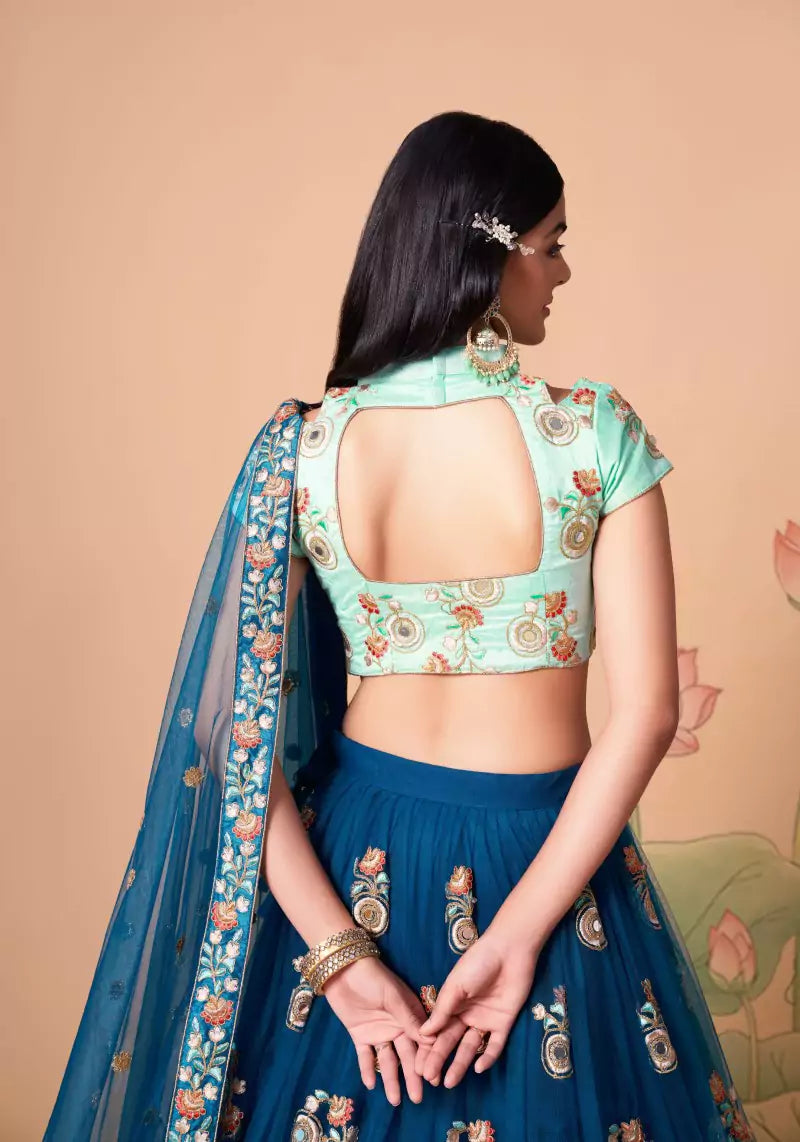 Elegant Dove Blue Mirror Work Embroidered Lehenga Set