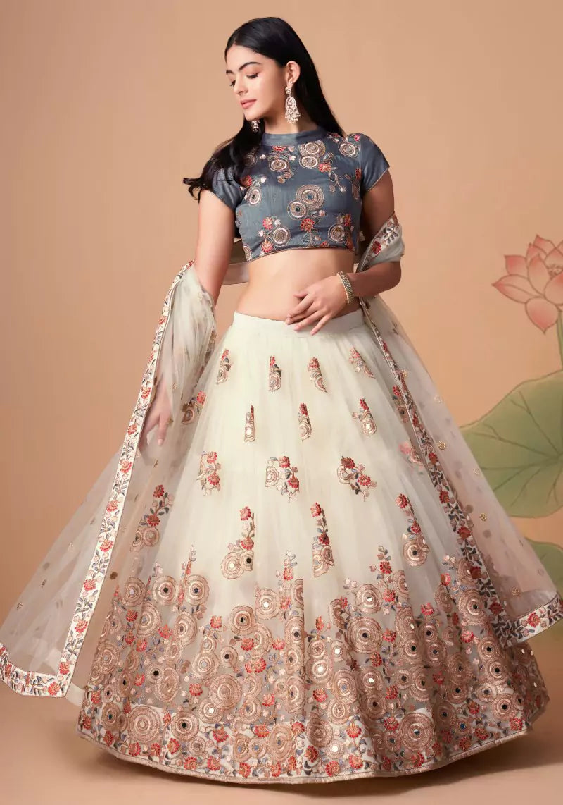 Radiant Off White Mirror Embroidered Lehenga with Elegant Choli & Dupatta