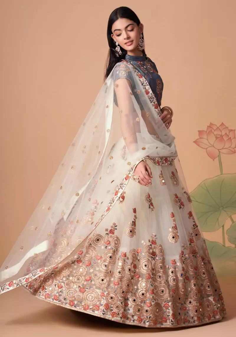 Radiant Off White Mirror Embroidered Lehenga with Elegant Choli & Dupatta