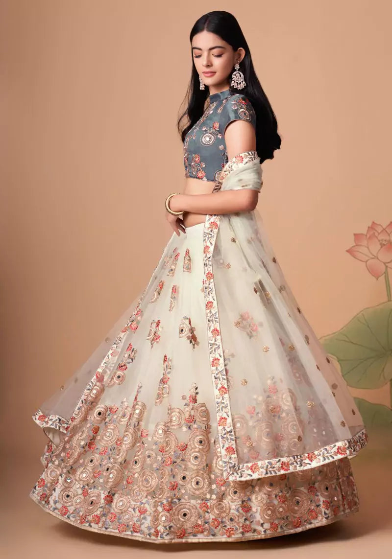 Radiant Off White Mirror Embroidered Lehenga with Elegant Choli & Dupatta