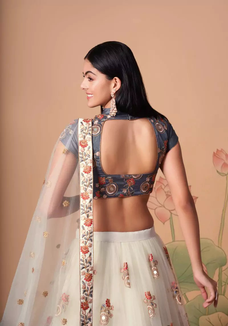 Radiant Off White Mirror Embroidered Lehenga with Elegant Choli & Dupatta