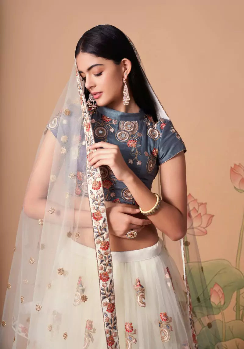 Radiant Off White Mirror Embroidered Lehenga with Elegant Choli & Dupatta